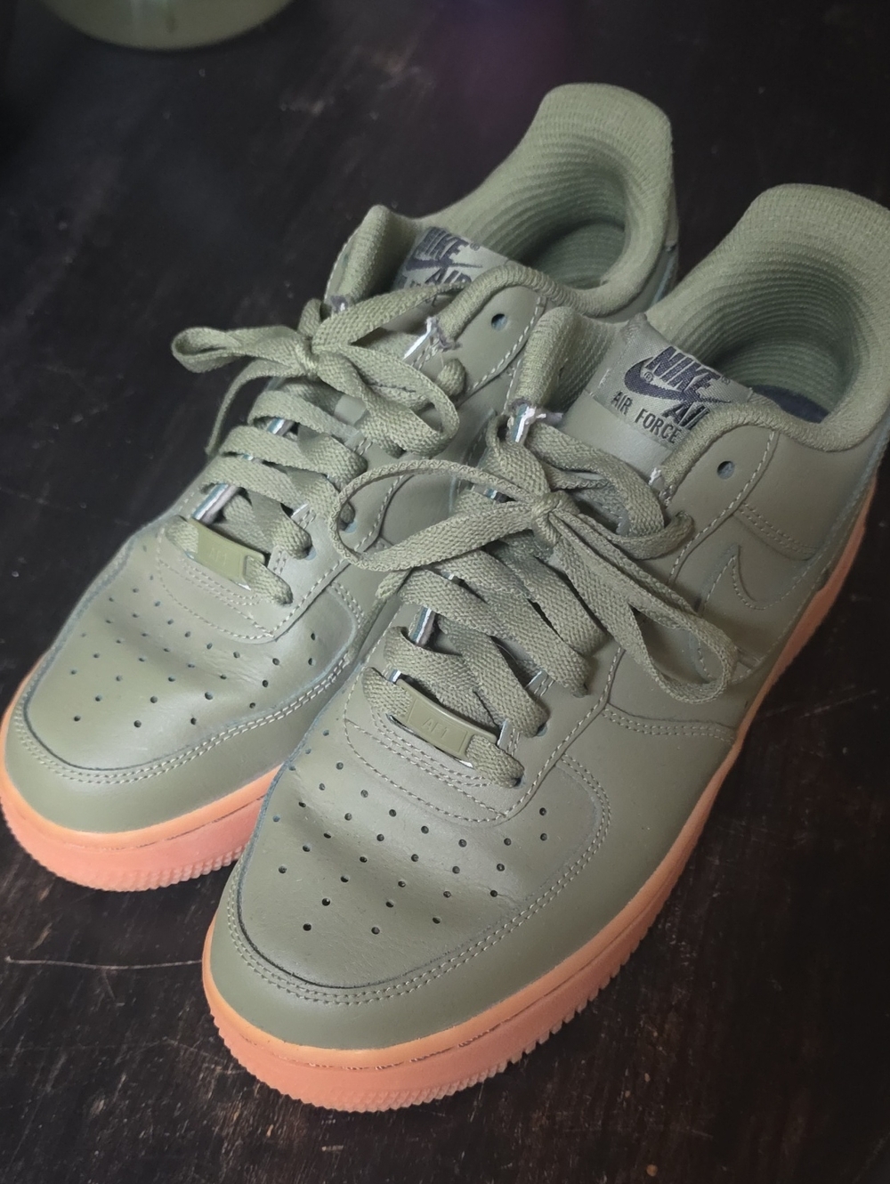Nike Womens Air Firce One Olive Green Custom Sneakers with Gum Sole